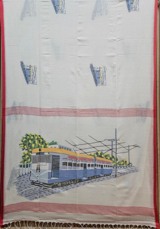 Exquisite Off-White Handspun Cotton Jamdani Saree with Iconic Calcutta Tram Motif, Handwoven by Master Balaram Saha