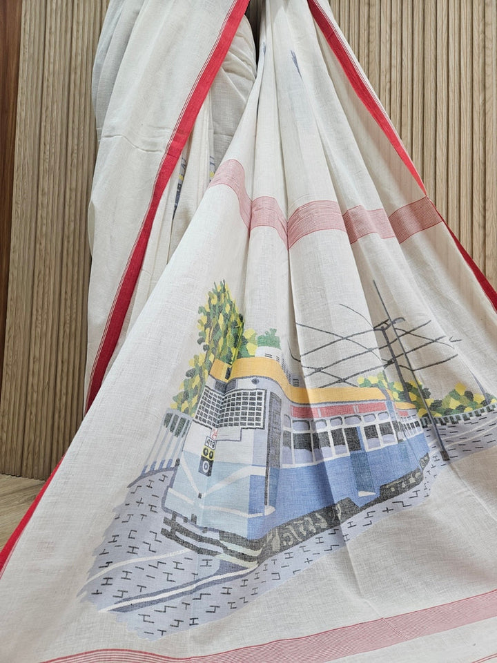 Exquisite Off-White Handspun Cotton Jamdani Saree with Iconic Calcutta Tram Motif, Handwoven by Master Balaram Saha