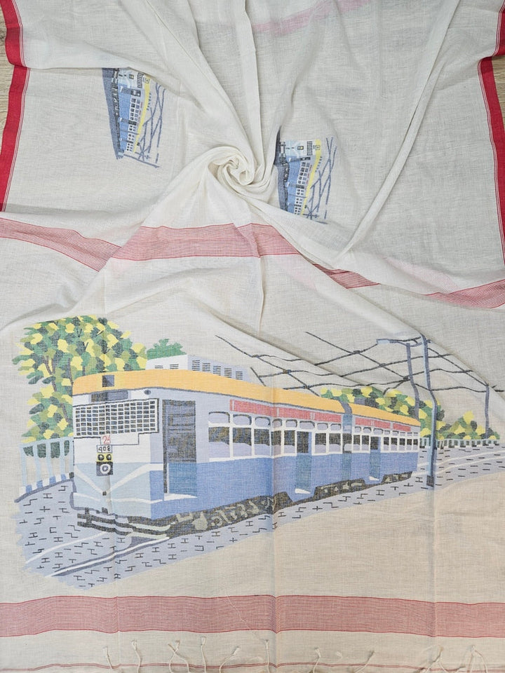 Exquisite Off-White Handspun Cotton Jamdani Saree with Iconic Calcutta Tram Motif, Handwoven by Master Balaram Saha