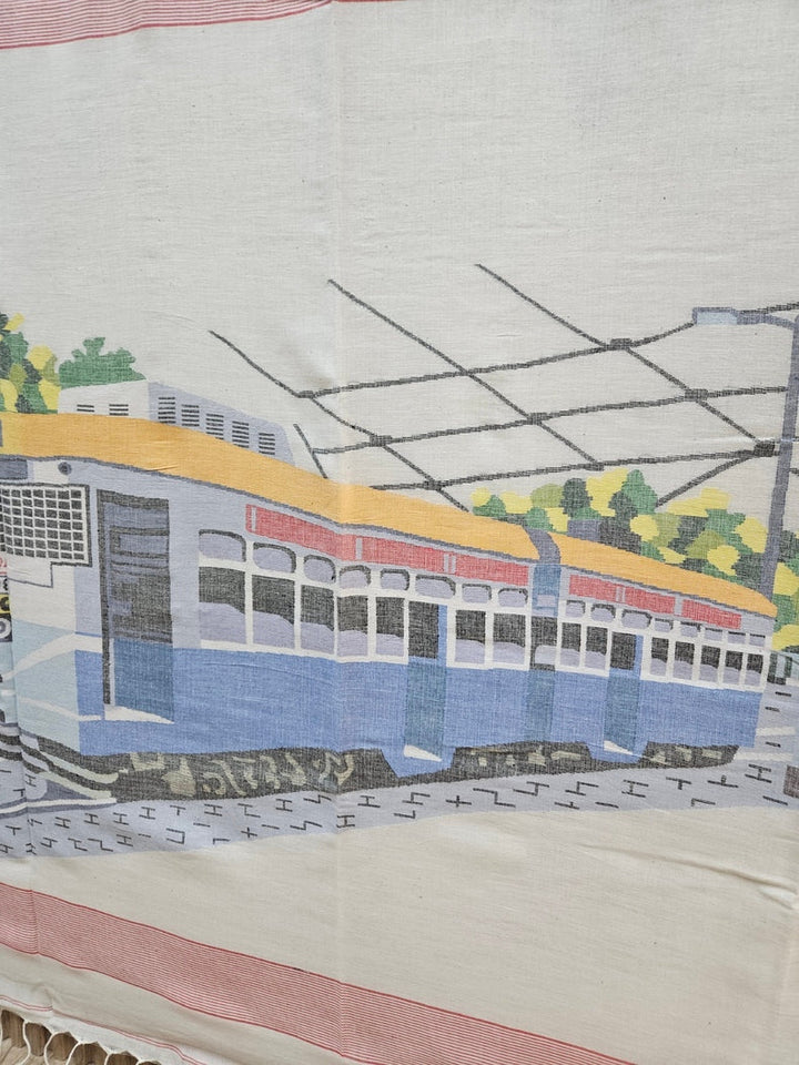 Exquisite Off-White Handspun Cotton Jamdani Saree with Iconic Calcutta Tram Motif, Handwoven by Master Balaram Saha