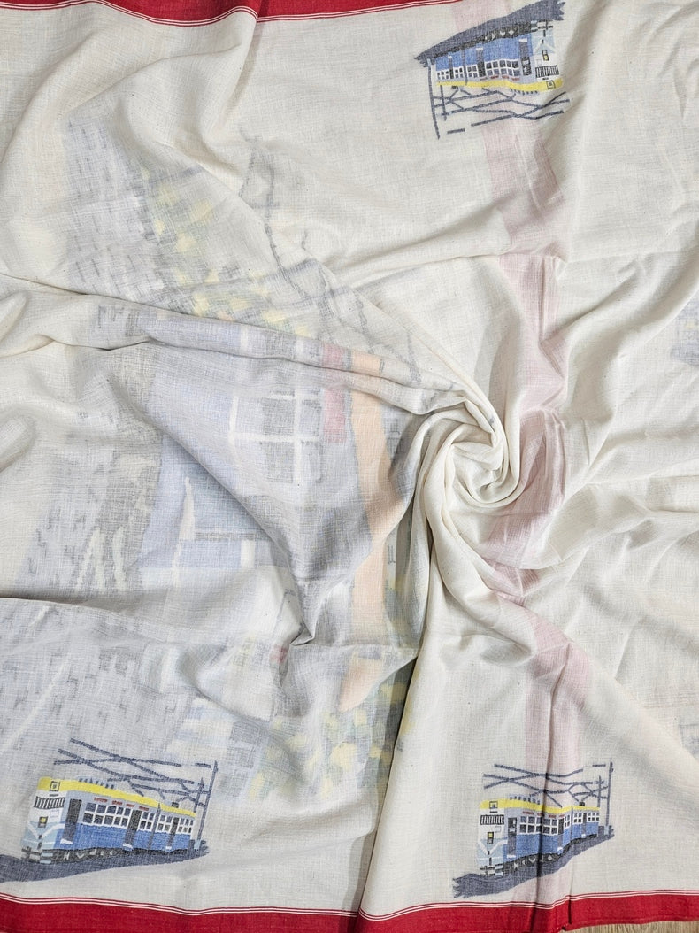 Exquisite Off-White Handspun Cotton Jamdani Saree with Iconic Calcutta Tram Motif, Handwoven by Master Balaram Saha