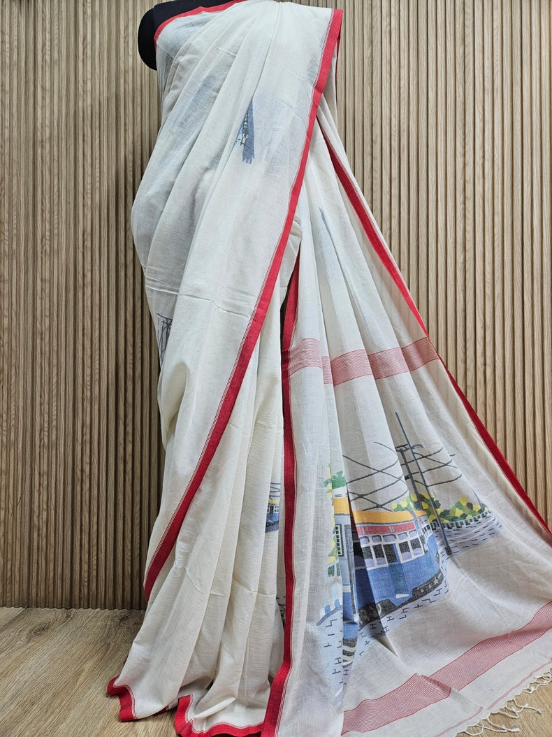 Exquisite Off-White Handspun Cotton Jamdani Saree with Iconic Calcutta Tram Motif, Handwoven by Master Balaram Saha