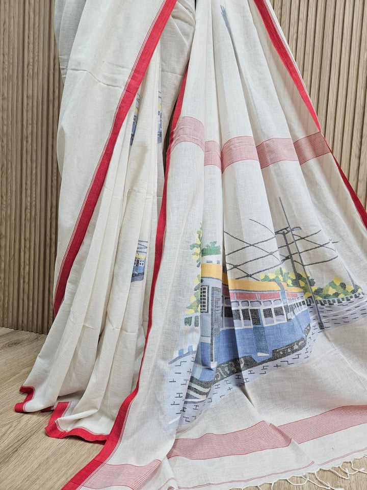 Exquisite Off-White Handspun Cotton Jamdani Saree with Iconic Calcutta Tram Motif, Handwoven by Master Balaram Saha