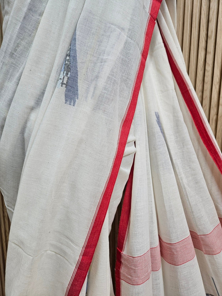 Exquisite Off-White Handspun Cotton Jamdani Saree with Iconic Calcutta Tram Motif, Handwoven by Master Balaram Saha