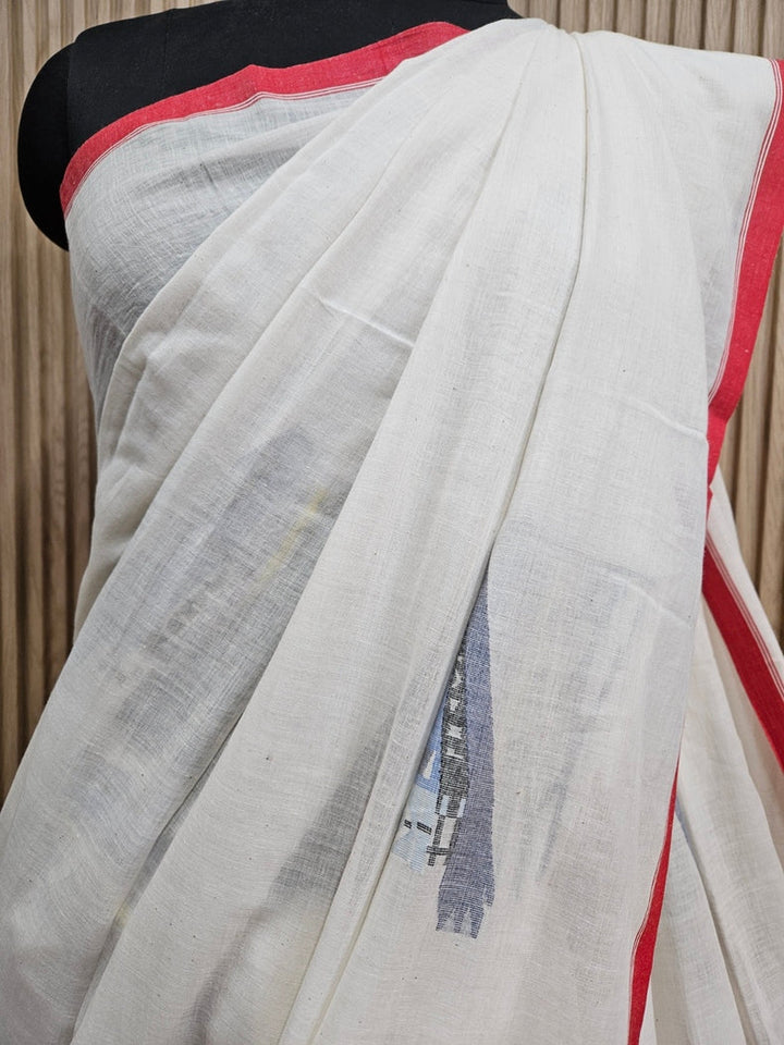 Exquisite Off-White Handspun Cotton Jamdani Saree with Iconic Calcutta Tram Motif, Handwoven by Master Balaram Saha