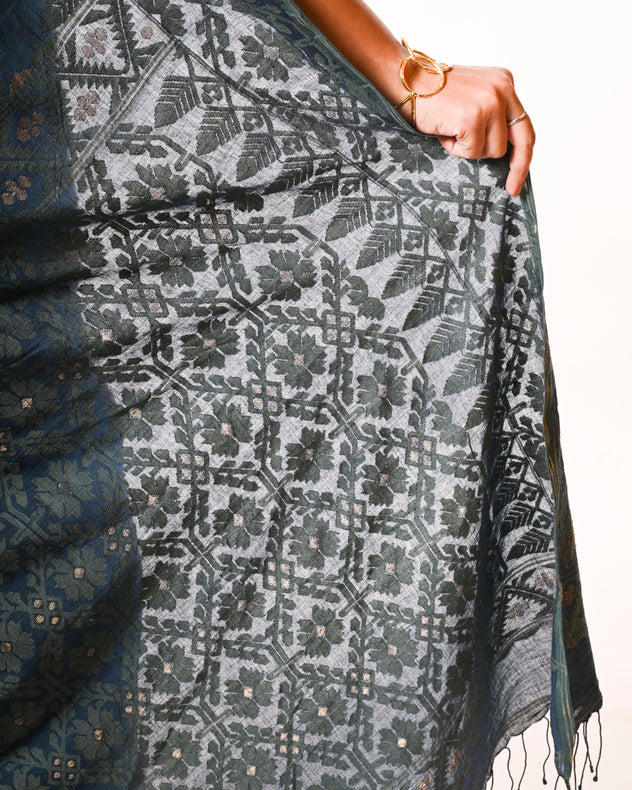 Traditional Indigo Blue Handspun Cotton Jamdani Saree by Master Weaver Balaram Saha