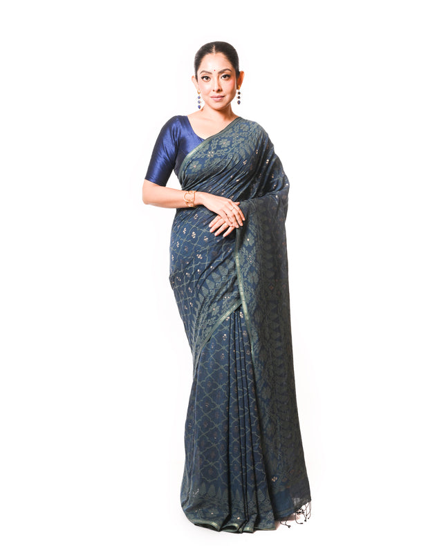 Traditional Indigo Blue Handspun Cotton Jamdani Saree by Master Weaver Balaram Saha