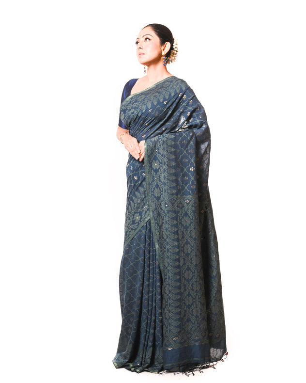 Traditional Indigo Blue Handspun Cotton Jamdani Saree by Master Weaver Balaram Saha