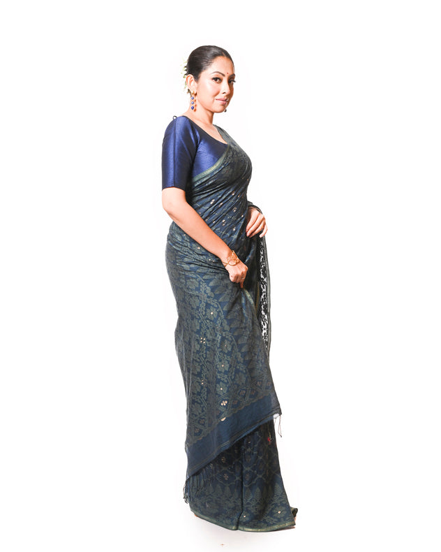 Traditional Indigo Blue Handspun Cotton Jamdani Saree by Master Weaver Balaram Saha