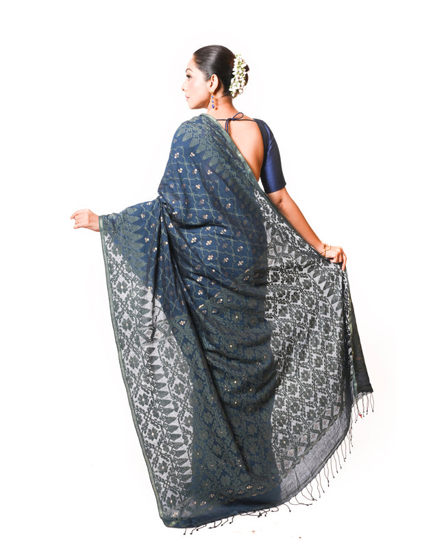 Traditional Indigo Blue Handspun Cotton Jamdani Saree by Master Weaver Balaram Saha