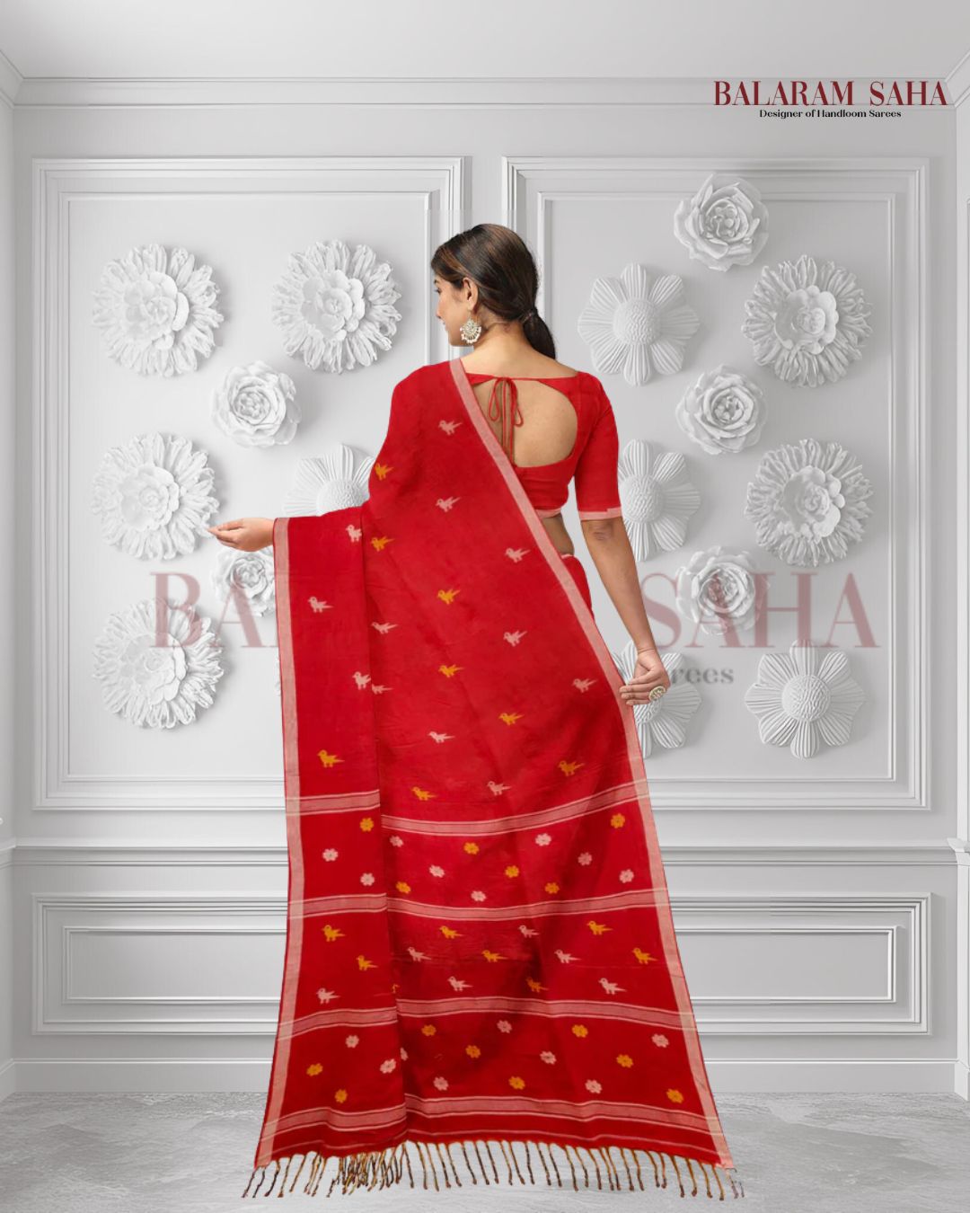 Handspun Cotton Charm: Balaram Saha's Vibrant Red Jamdani Saree with Bird Motifs - (handloom saree, jamdani saree, jamdani sarees, cotton jamdani saree, jamdani cotton saree, handloom cotton saree, balaram saha online, jamdani saree online, soft jamdani saree)   https://www.indiatimes.com/