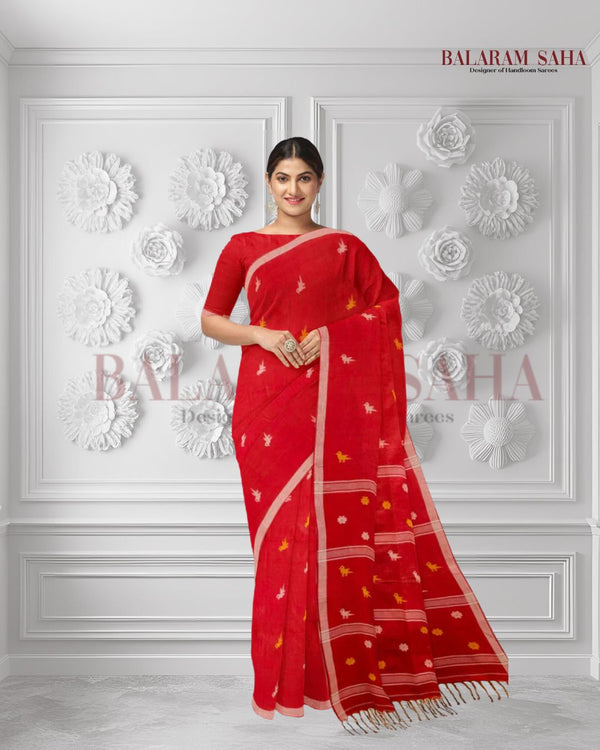 Handspun Cotton Charm: Balaram Saha's Vibrant Red Jamdani Saree with Bird Motifs - (handloom saree, jamdani saree, jamdani sarees, cotton jamdani saree, jamdani cotton saree, handloom cotton saree, balaram saha online, jamdani saree online, soft jamdani saree)    