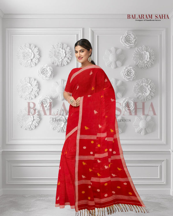 Handspun Cotton Charm: Balaram Saha's Vibrant Red Jamdani Saree with Bird Motifs - (handloom saree, jamdani saree, jamdani sarees, cotton jamdani saree, jamdani cotton saree, handloom cotton saree, balaram saha online, jamdani saree online, soft jamdani saree)      https://www.hindustantimes.com/