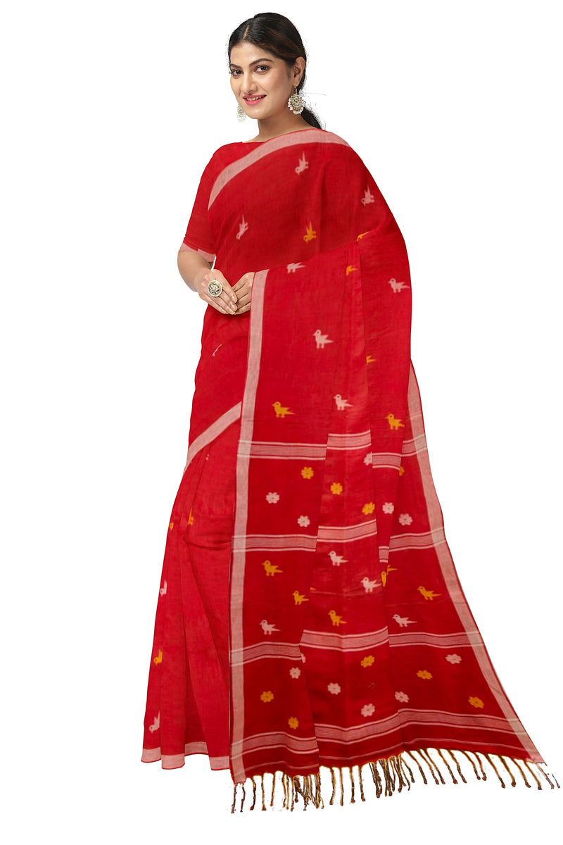 Handspun Cotton Charm: Balaram Saha's Vibrant Red Jamdani Saree with Bird Motifs - (handloom saree, jamdani saree, jamdani sarees, cotton jamdani saree, jamdani cotton saree, handloom cotton saree, balaram saha online, jamdani saree online, soft jamdani saree)      https://www.hindustantimes.com/