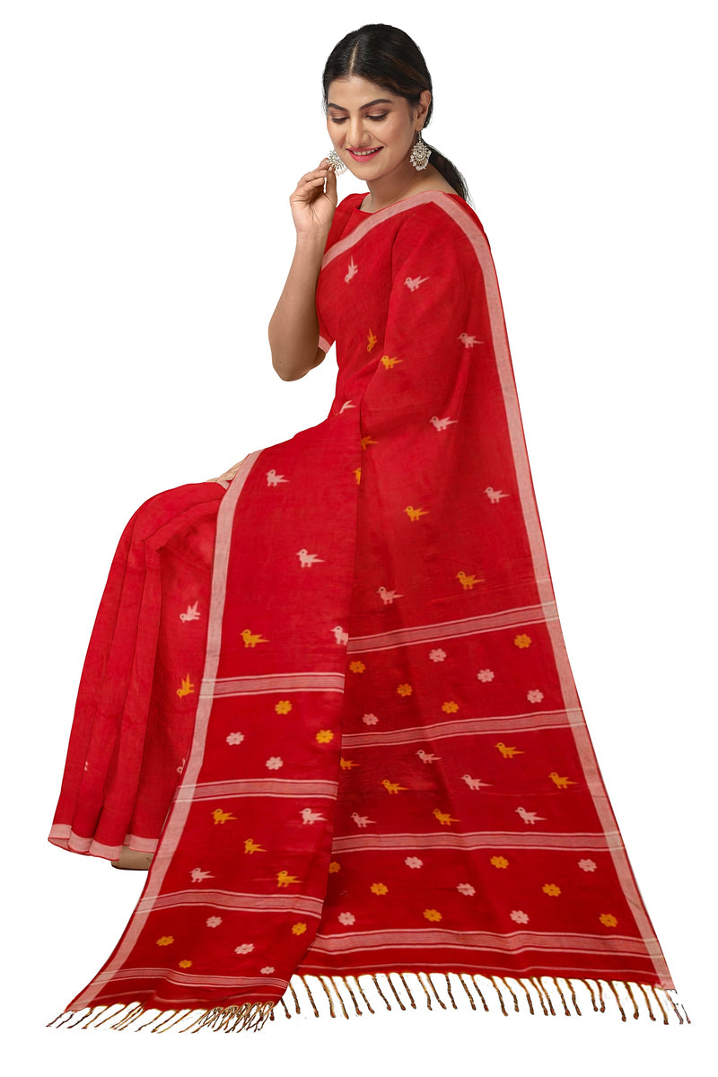 Handspun Cotton Charm: Balaram Saha's Vibrant Red Jamdani Saree with Bird Motifs - (handloom saree, jamdani saree, jamdani sarees, cotton jamdani saree, jamdani cotton saree, handloom cotton saree, balaram saha online, jamdani saree online, soft jamdani saree)