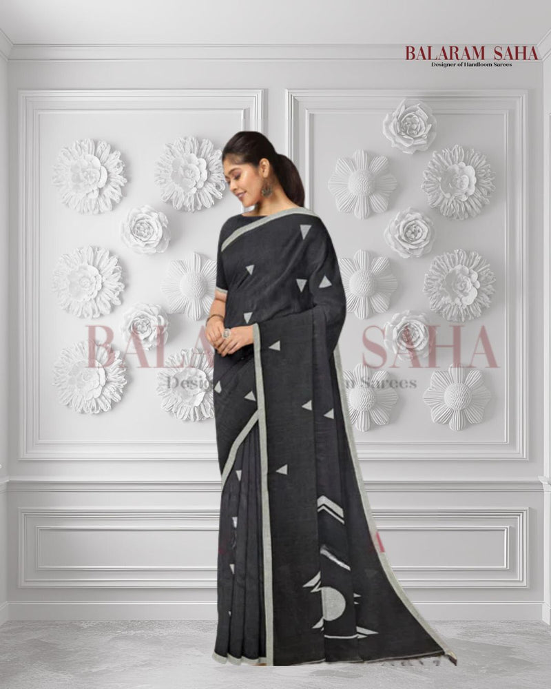Handspun Cotton Perfection: Black & White Jamdani Saree with White Motifs by Balaram Saha - (handloom saree, jamdani saree, jamdani sarees, cotton jamdani saree, jamdani cotton saree, handloom cotton saree, balaram saha online, jamdani saree online, soft jamdani saree)     https://bandcamp.com/