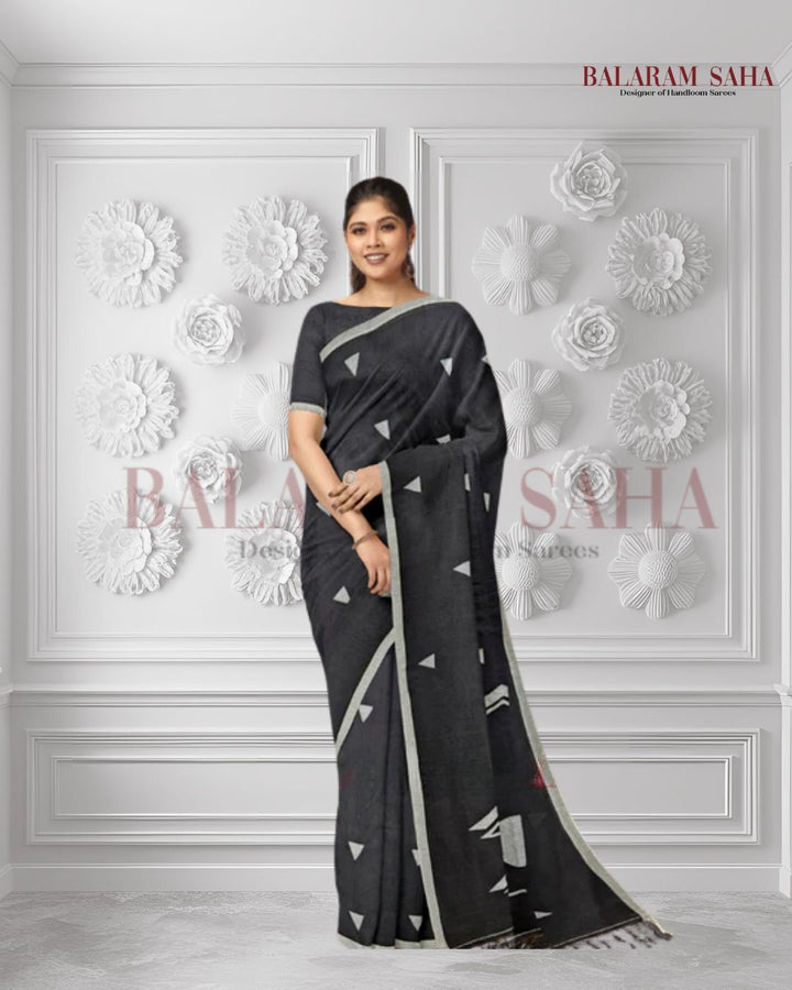 Handspun Cotton Perfection: Black & White Jamdani Saree with White Motifs by Balaram Saha Balaram Saha