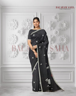 Handspun Cotton Perfection: Black & White Jamdani Saree with White Motifs by Balaram Saha Balaram Saha