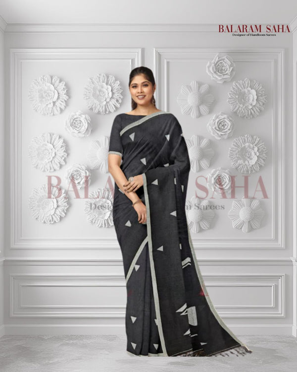 Handspun Cotton Perfection: Black & White Jamdani Saree with White Motifs by Balaram Saha Balaram Saha