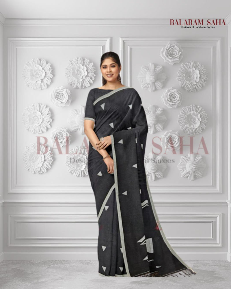 Handspun Cotton Perfection: Black & White Jamdani Saree with White Motifs by Balaram Saha Balaram Saha