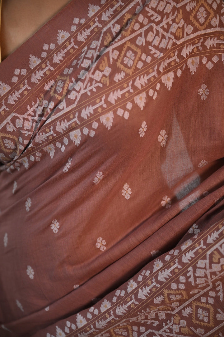 Puce Handspun Cotton Jamdani Saree with White & Dull Gold Floret Motifs Balaram Saha