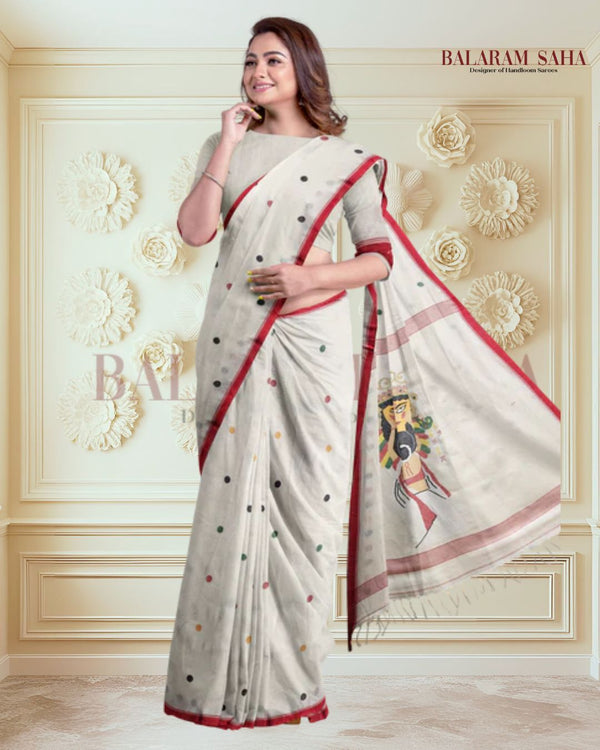 Handspun Handwoven Maa Durga Cotton Jamdani Saree By Balaram Saha - (dhakai jamdani saree, jamdani saree, jamdani sarees, cotton jamdani saree, jamdani cotton saree, handloom cotton saree, balaram saha online, jamdani saree online, soft jamdani saree, muslin jamdani saree, original dhakai jamdani saree, jamdani sarees, soft dhakai jamdani saree, white jamdani saree, jamdani saree bangladesh )
