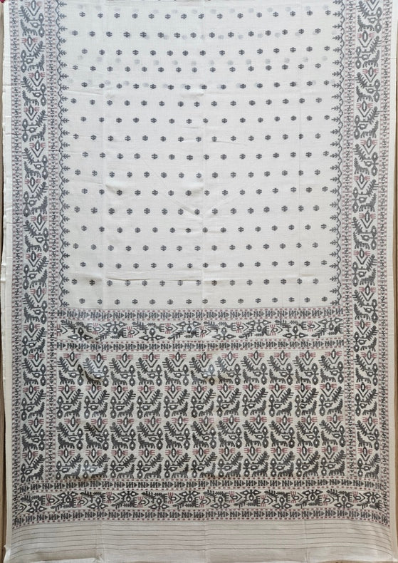 Off-White Black & Maroon Handwoven Handspun Cotton Jamdani Saree by Master Weaver Balaram Saha