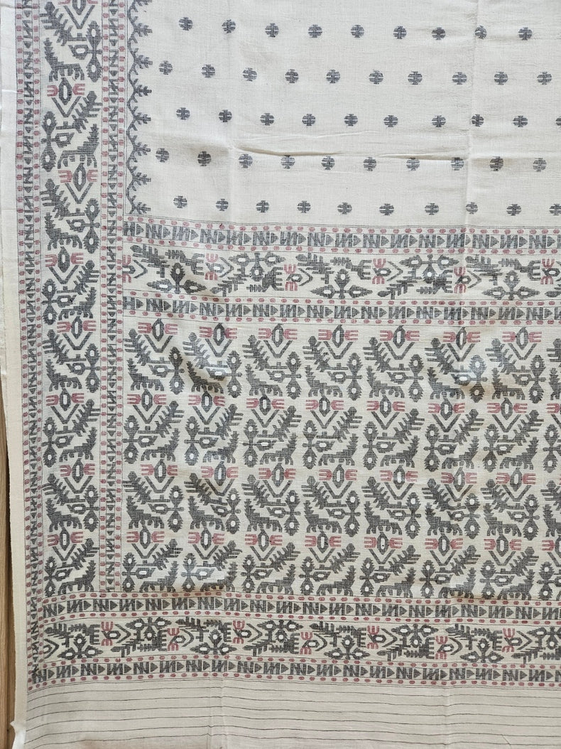 Off-White Black & Maroon Handwoven Handspun Cotton Jamdani Saree by Master Weaver Balaram Saha