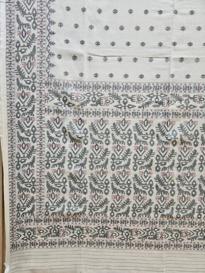 Off-White Black & Maroon Handwoven Handspun Cotton Jamdani Saree by Master Weaver Balaram Saha
