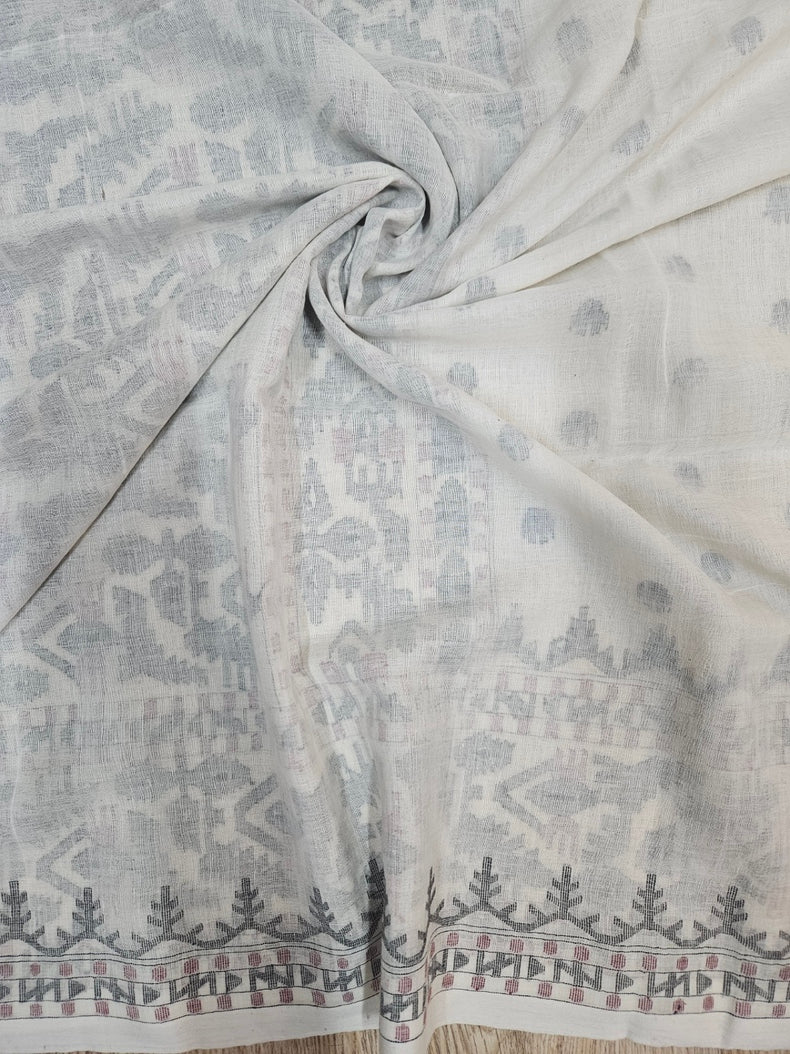 Off-White Black & Maroon Handwoven Handspun Cotton Jamdani Saree by Master Weaver Balaram Saha