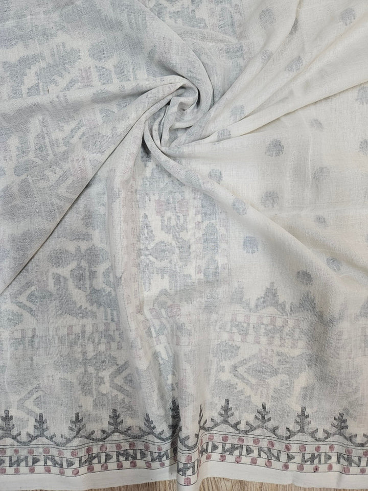 Off-White Black & Maroon Handwoven Handspun Cotton Jamdani Saree by Master Weaver Balaram Saha