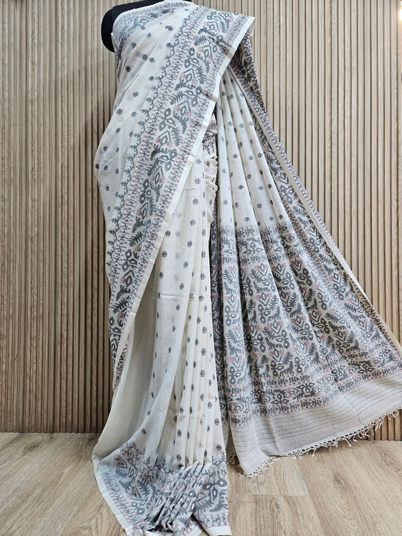 Off-White Black & Maroon Handwoven Handspun Cotton Jamdani Saree by Master Weaver Balaram Saha