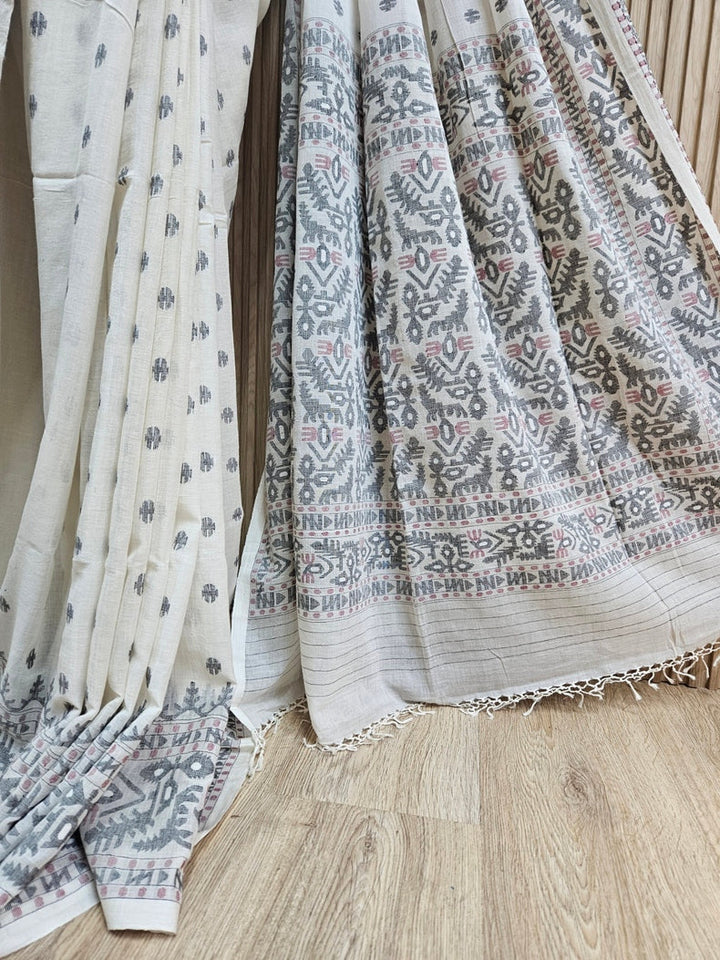 Off-White Black & Maroon Handwoven Handspun Cotton Jamdani Saree by Master Weaver Balaram Saha