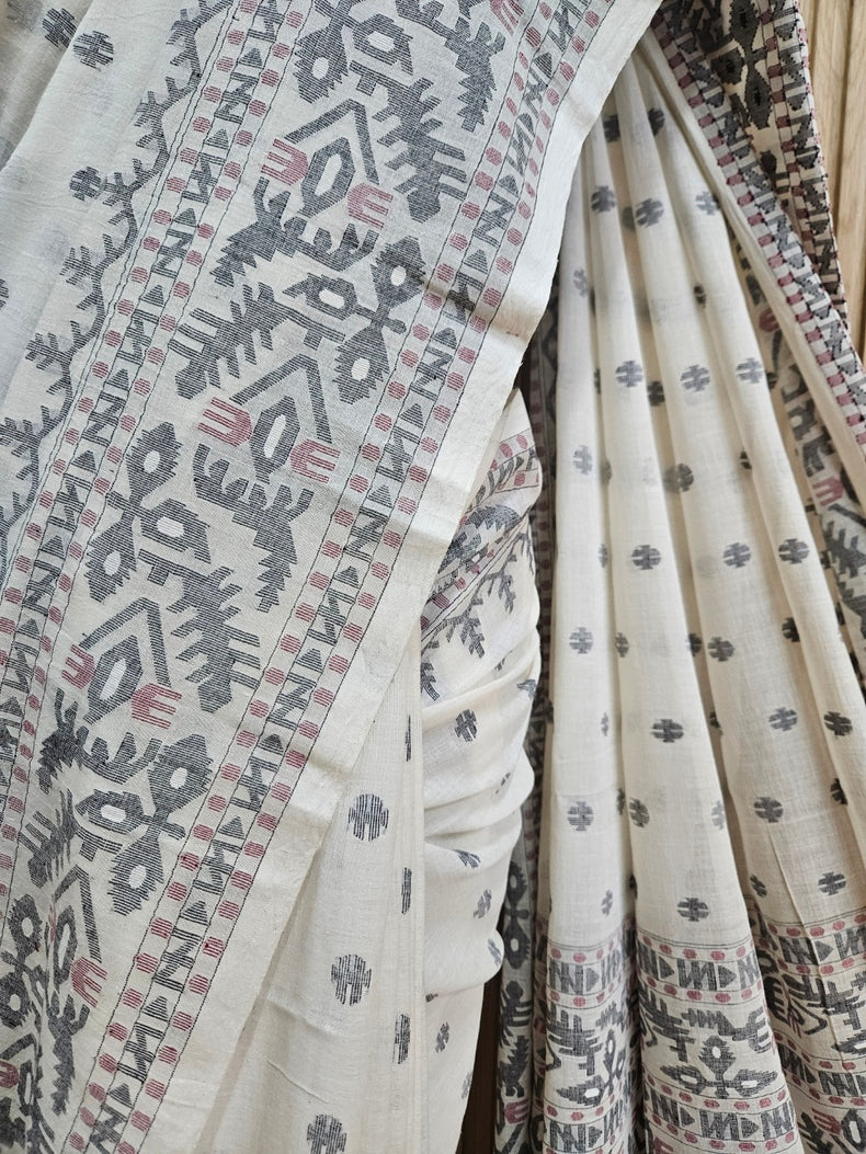 Off-White Black & Maroon Handwoven Handspun Cotton Jamdani Saree by Master Weaver Balaram Saha