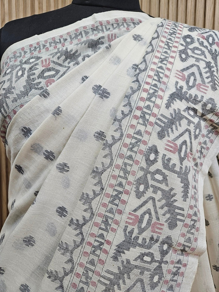 Off-White Black & Maroon Handwoven Handspun Cotton Jamdani Saree by Master Weaver Balaram Saha