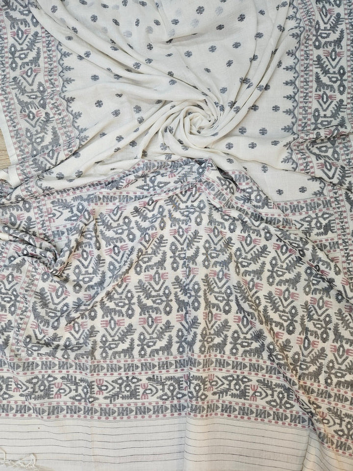 Off-White Black & Maroon Handwoven Handspun Cotton Jamdani Saree by Master Weaver Balaram Saha