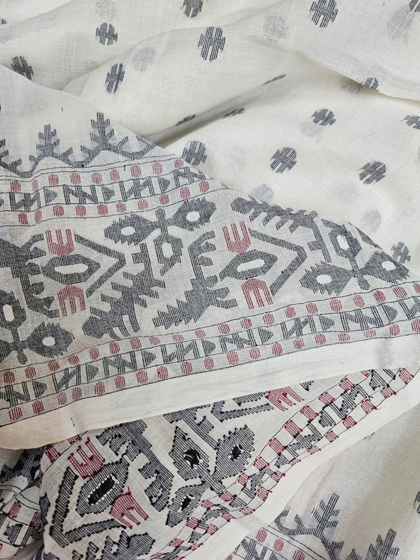 Off-White Black & Maroon Handwoven Handspun Cotton Jamdani Saree by Master Weaver Balaram Saha