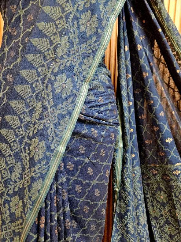Traditional Indigo Blue Handspun Cotton Jamdani Saree by Master Weaver Balaram Saha