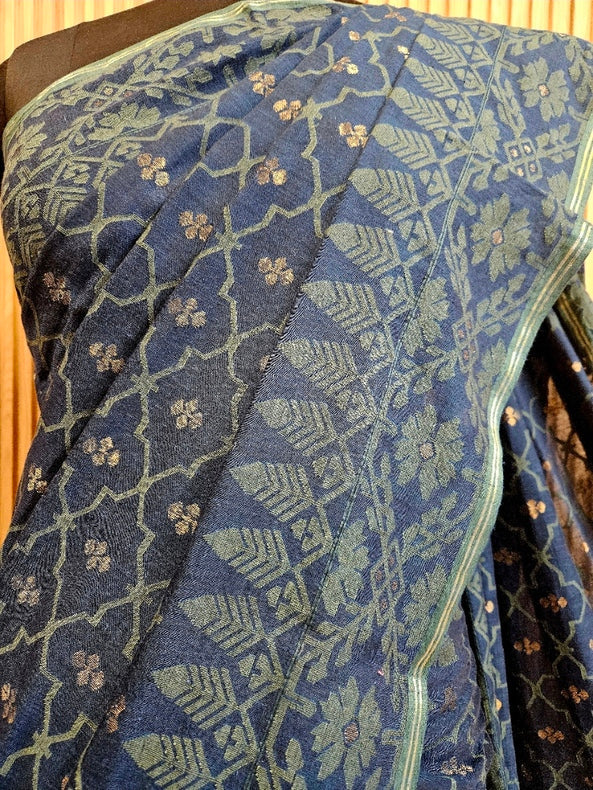 Traditional Indigo Blue Handspun Cotton Jamdani Saree by Master Weaver Balaram Saha