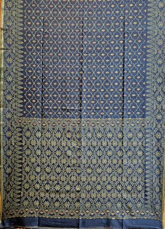 Traditional Indigo Blue Handspun Cotton Jamdani Saree by Master Weaver Balaram Saha