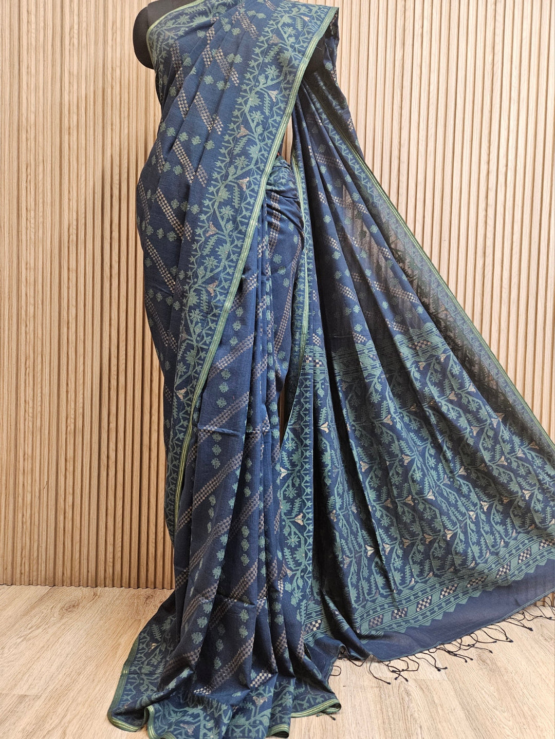 Authentic Indigo Blue Handspun Cotton Jamdani Saree | Handloom Saree by Master Artisan Balaram Saha
