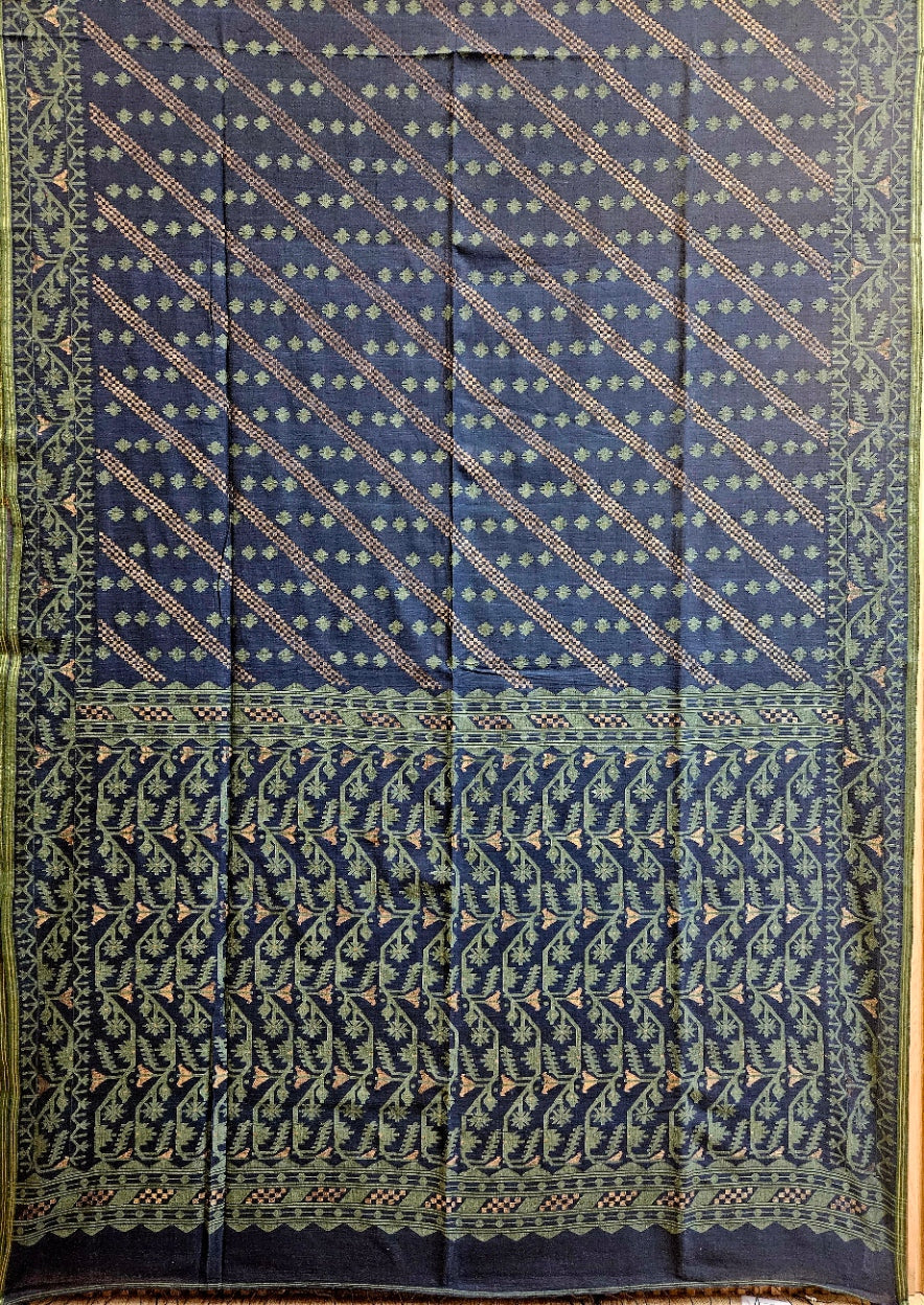 Authentic Indigo Blue Handspun Cotton Jamdani Saree | Handloom Saree by Master Artisan Balaram Saha