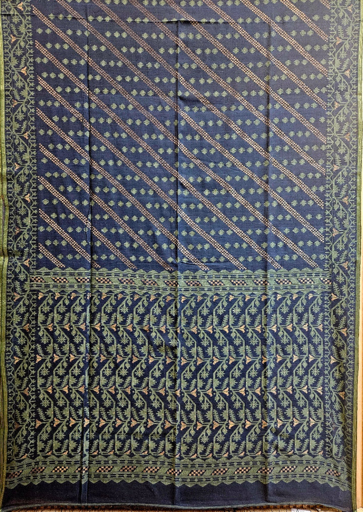 Authentic Indigo Blue Handspun Cotton Jamdani Saree | Handloom Saree by Master Artisan Balaram Saha