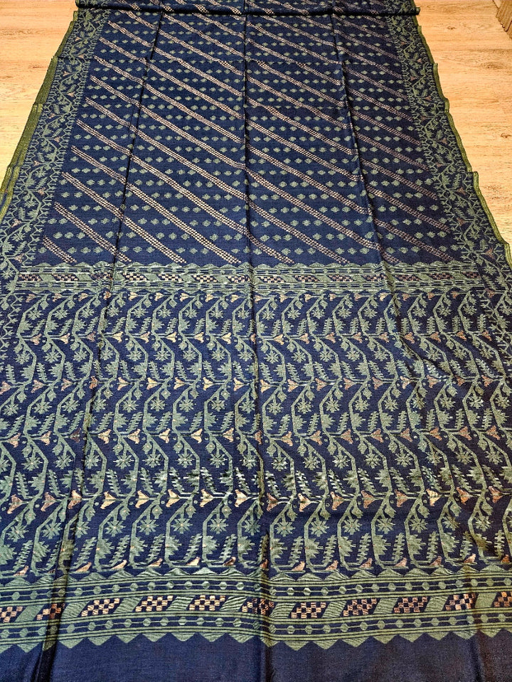 Authentic Indigo Blue Handspun Cotton Jamdani Saree | Handloom Saree by Master Artisan Balaram Saha