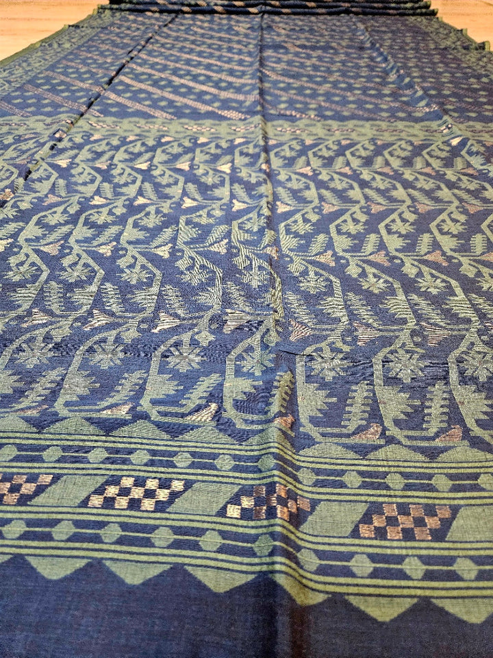Authentic Indigo Blue Handspun Cotton Jamdani Saree | Handloom Saree by Master Artisan Balaram Saha