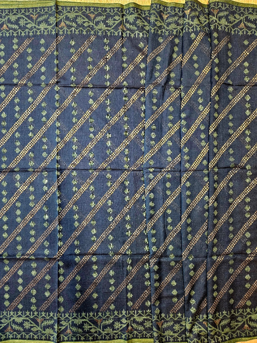 Authentic Indigo Blue Handspun Cotton Jamdani Saree | Handloom Saree by Master Artisan Balaram Saha