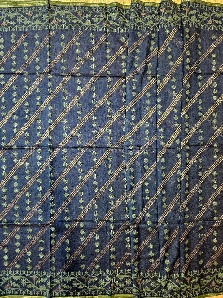 Authentic Indigo Blue Handspun Cotton Jamdani Saree | Handloom Saree by Master Artisan Balaram Saha
