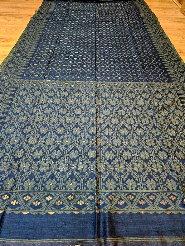 Traditional Indigo Blue Handspun Cotton Jamdani Saree by Master Weaver Balaram Saha
