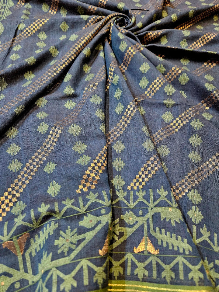 Authentic Indigo Blue Handspun Cotton Jamdani Saree | Handloom Saree by Master Artisan Balaram Saha