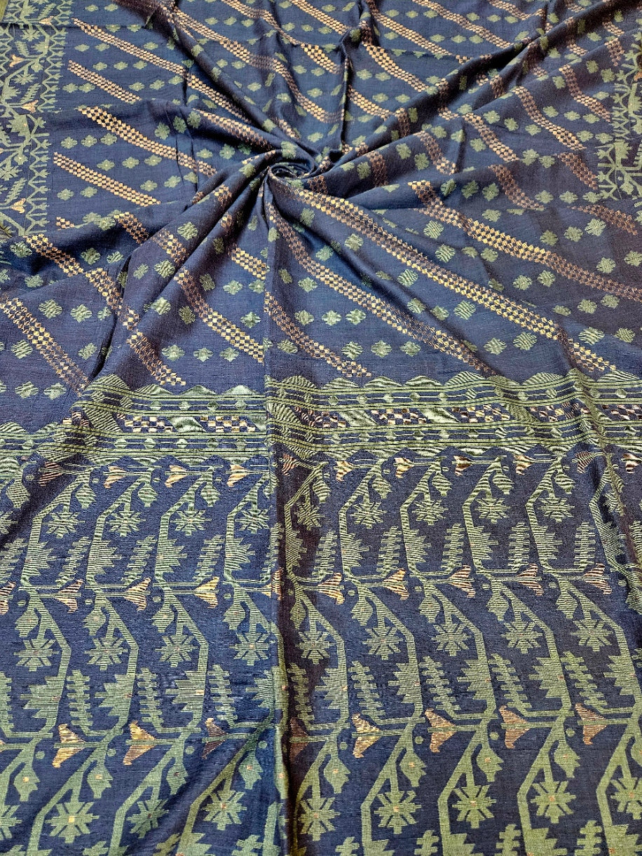 Authentic Indigo Blue Handspun Cotton Jamdani Saree | Handloom Saree by Master Artisan Balaram Saha